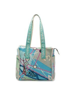 Chanel Paris Map Cruise Line Eiffel Tower Tote Shoulder Bag Canvas Sequin Blue